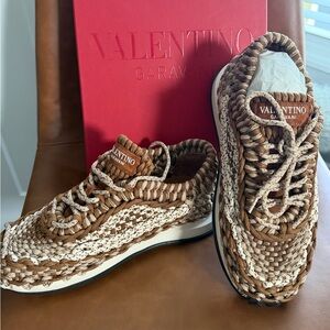Valentino Garavani Tan and Cream Woven Sneakers